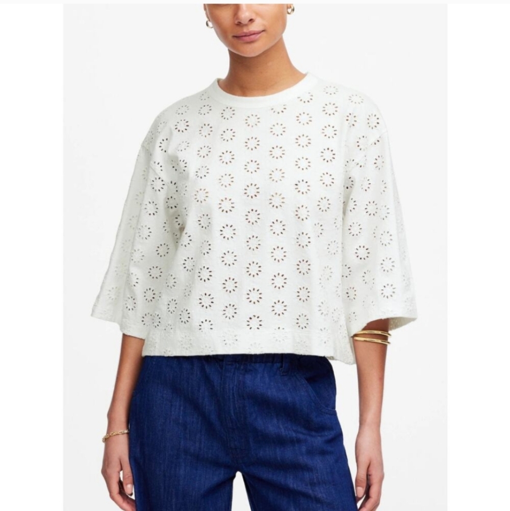 Madewell Embroidered Wide Sleeve Boxy Tee White Size S White NWT
